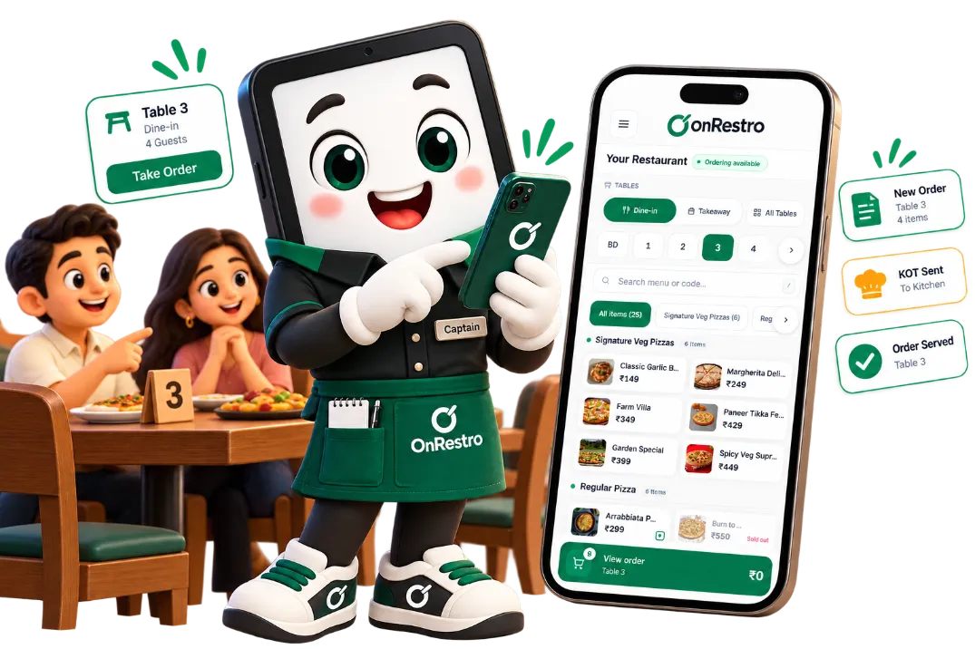 The OnRestro mascot, dressed as a captain, takes an order on a phone while guests wait at Table 3. The phone shows the OnRestro POS with dine-in table selection, menu search and a View order bar; small cards beside it read Table 3 Take Order, New Order, KOT Sent to Kitchen and Order Served.
