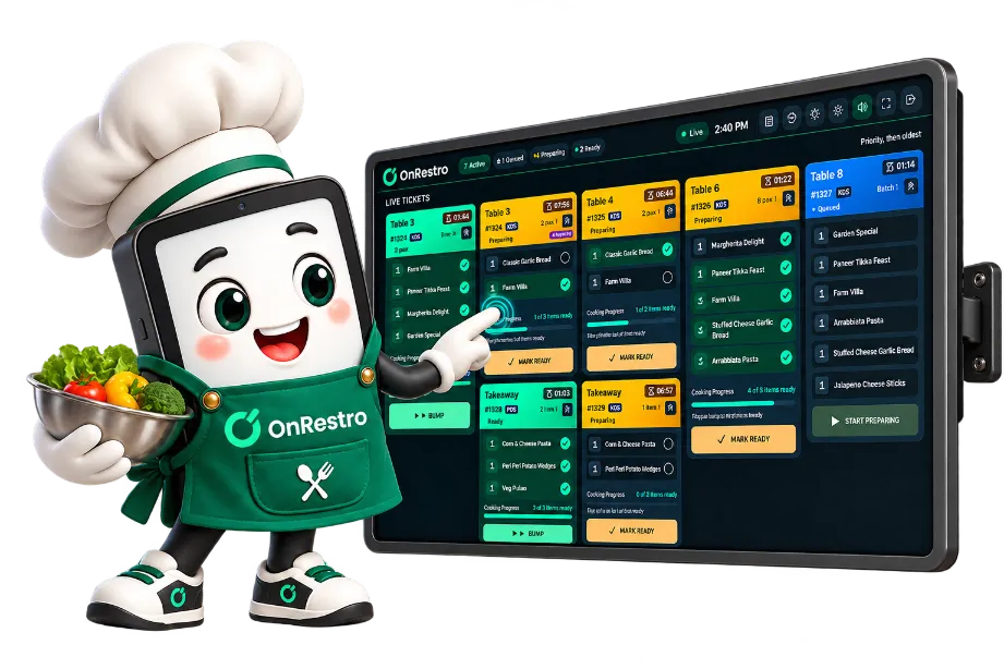 The OnRestro mascot in a chef’s hat holds a bowl of vegetables and taps a wall-mounted OnRestro kitchen display. Live tickets for tables and takeaway orders are colour-coded Queued, Preparing and Ready, with timers, item checkmarks, cooking progress bars and Mark Ready, Start Preparing and Bump buttons.