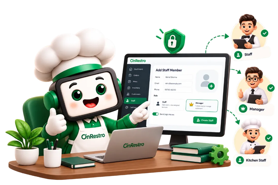 The OnRestro mascot at a desk points at an Add Staff Member form with Staff and Manager roles; arrows lead to a staff member, a manager and kitchen staff.