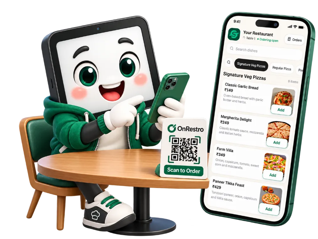 The OnRestro mascot sits at a restaurant table holding a phone next to a Scan to Order QR stand. Beside it, a phone shows the OnRestro customer menu for Table 1 with Ordering open, a dish search box, categories and Signature Veg Pizzas with prices, descriptions and Add buttons.