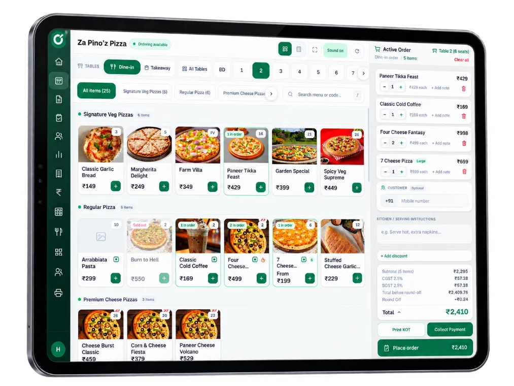OnRestro POS terminal on a tablet: a pizza menu grid with table selection and an active dine-in order with CGST, SGST and a total of ₹2,410.