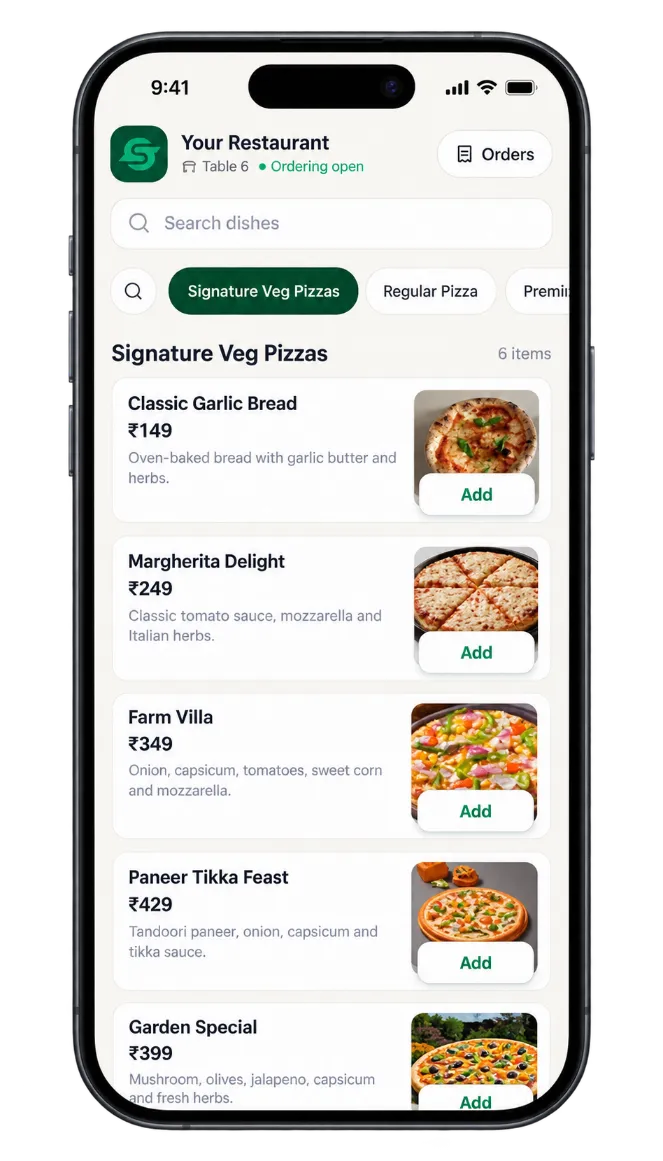 OnRestro customer QR menu on a phone, open at table 6, listing signature veg pizzas with prices and Add buttons.