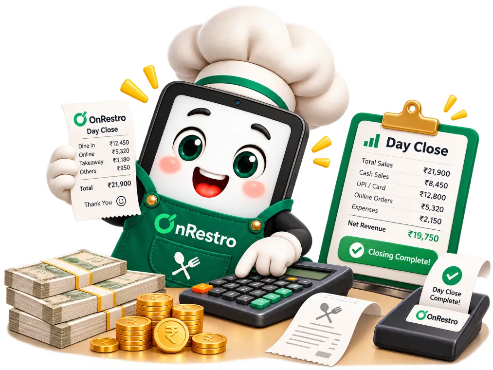 The OnRestro mascot holds a day close receipt and works a calculator next to cash, coins and a Day Close card showing total, cash and UPI or card sales, expenses and Closing Complete.