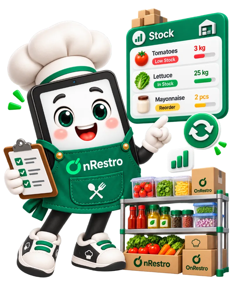 The OnRestro mascot with a clipboard points at a Stock card listing tomatoes as low stock, lettuce in stock and mayonnaise to reorder, beside shelves of ingredients and OnRestro boxes.
